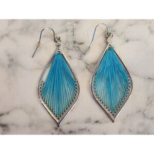 Silver & Blue Teardrop Thread Dangle Earrings Boho Chic Jewelry